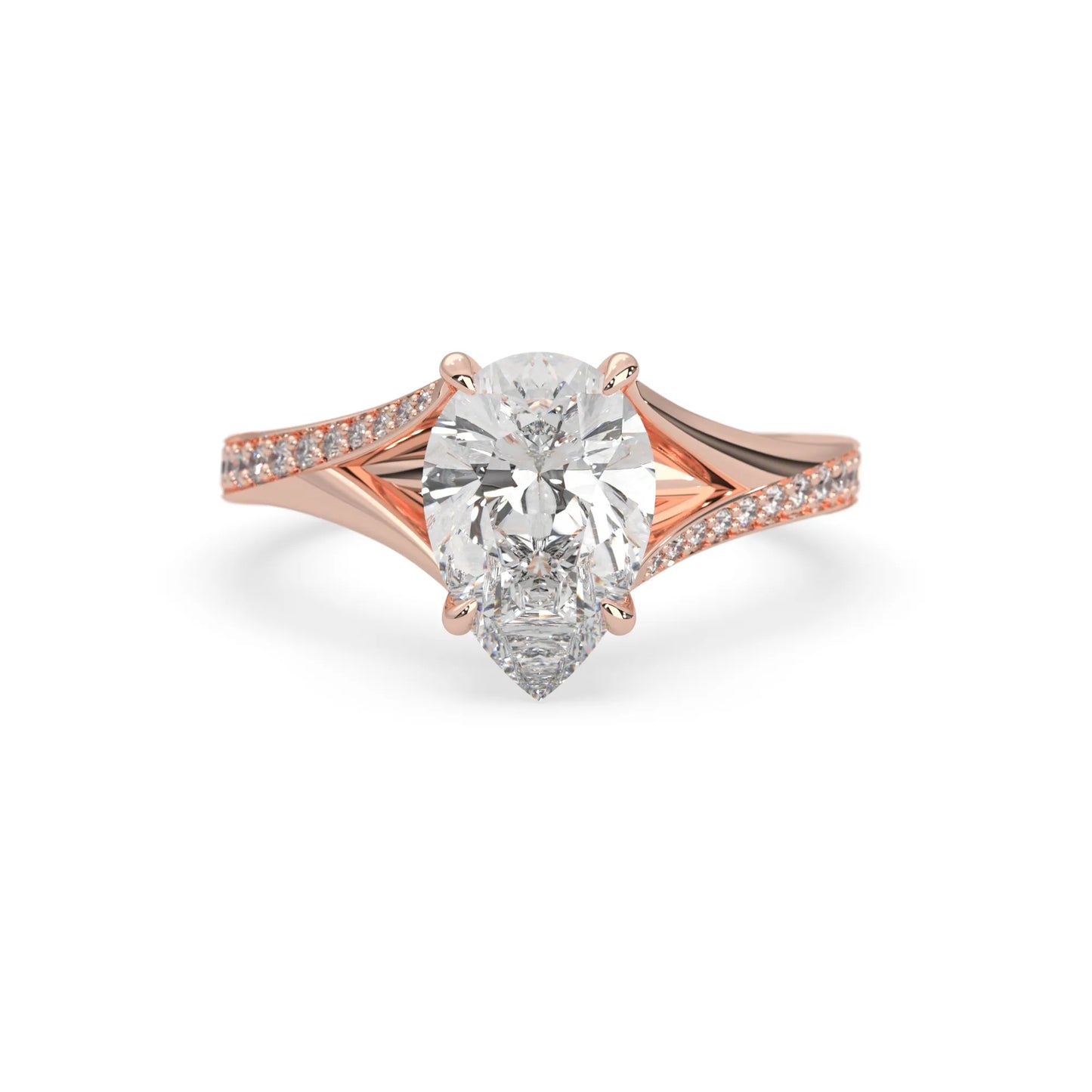 Pear cut lab grown diamond split shank engagement ring with diamond accented band in rose gold