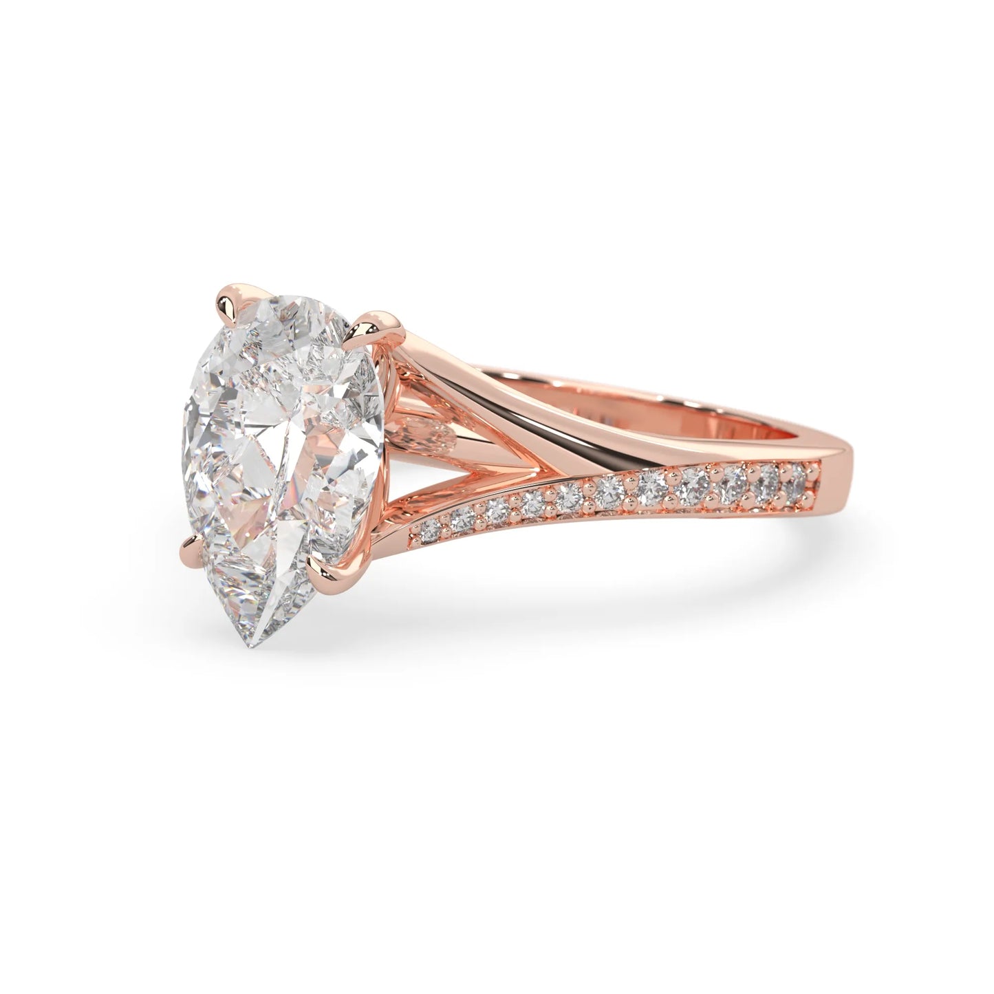Pear cut lab grown diamond split shank engagement ring with diamond accented band in rose gold