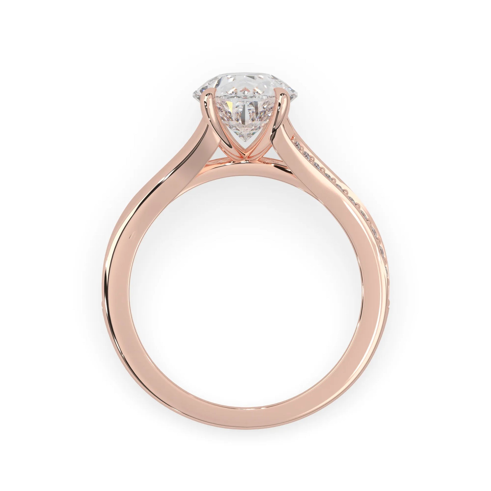 Pear cut lab grown diamond split shank engagement ring with diamond accented band in rose gold