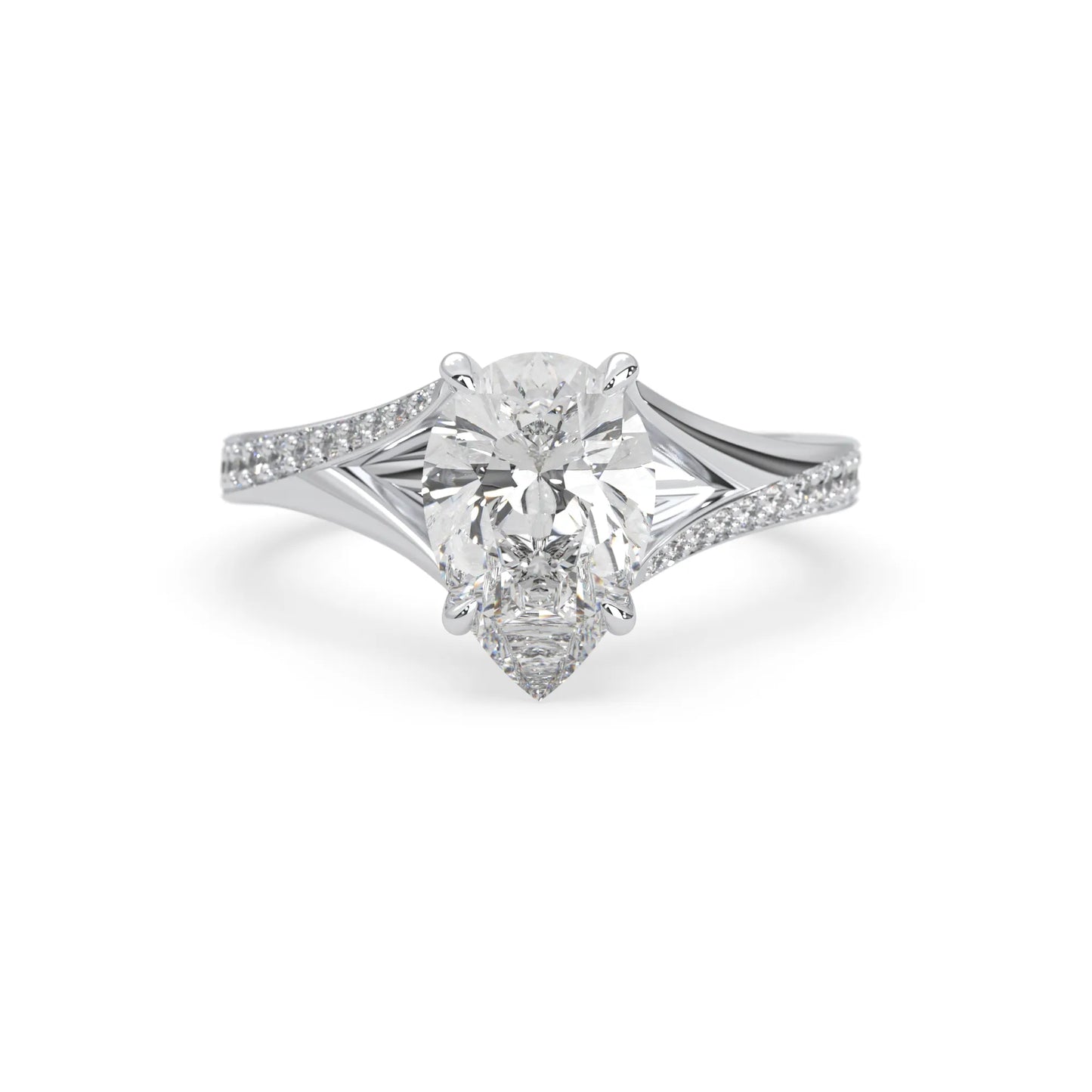 Pear cut lab grown diamond split shank engagement ring with diamond accented band in white gold