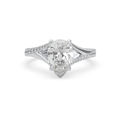 Pear cut lab grown diamond split shank engagement ring with diamond accented band in white gold