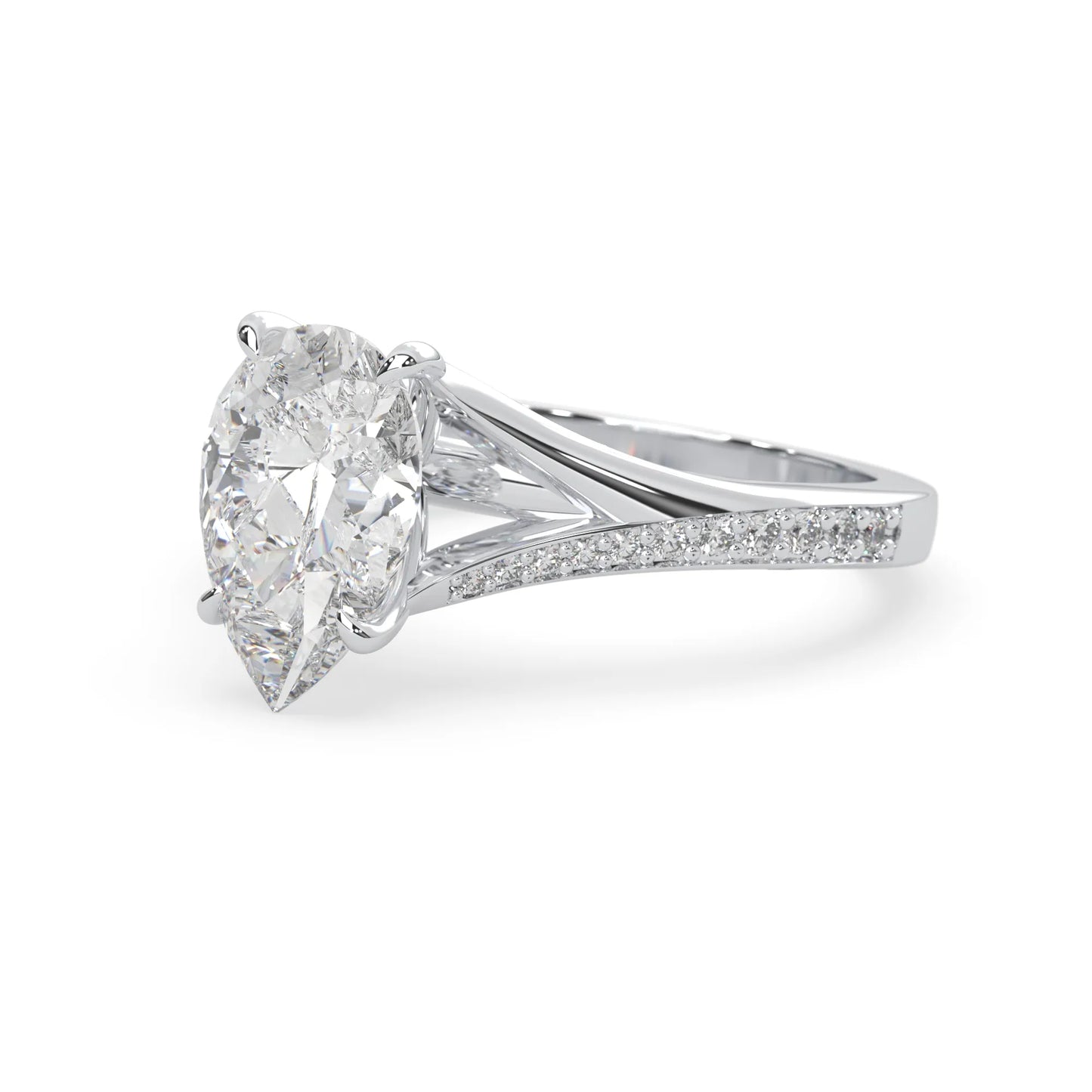Pear cut lab grown diamond split shank engagement ring with diamond accented band in white gold