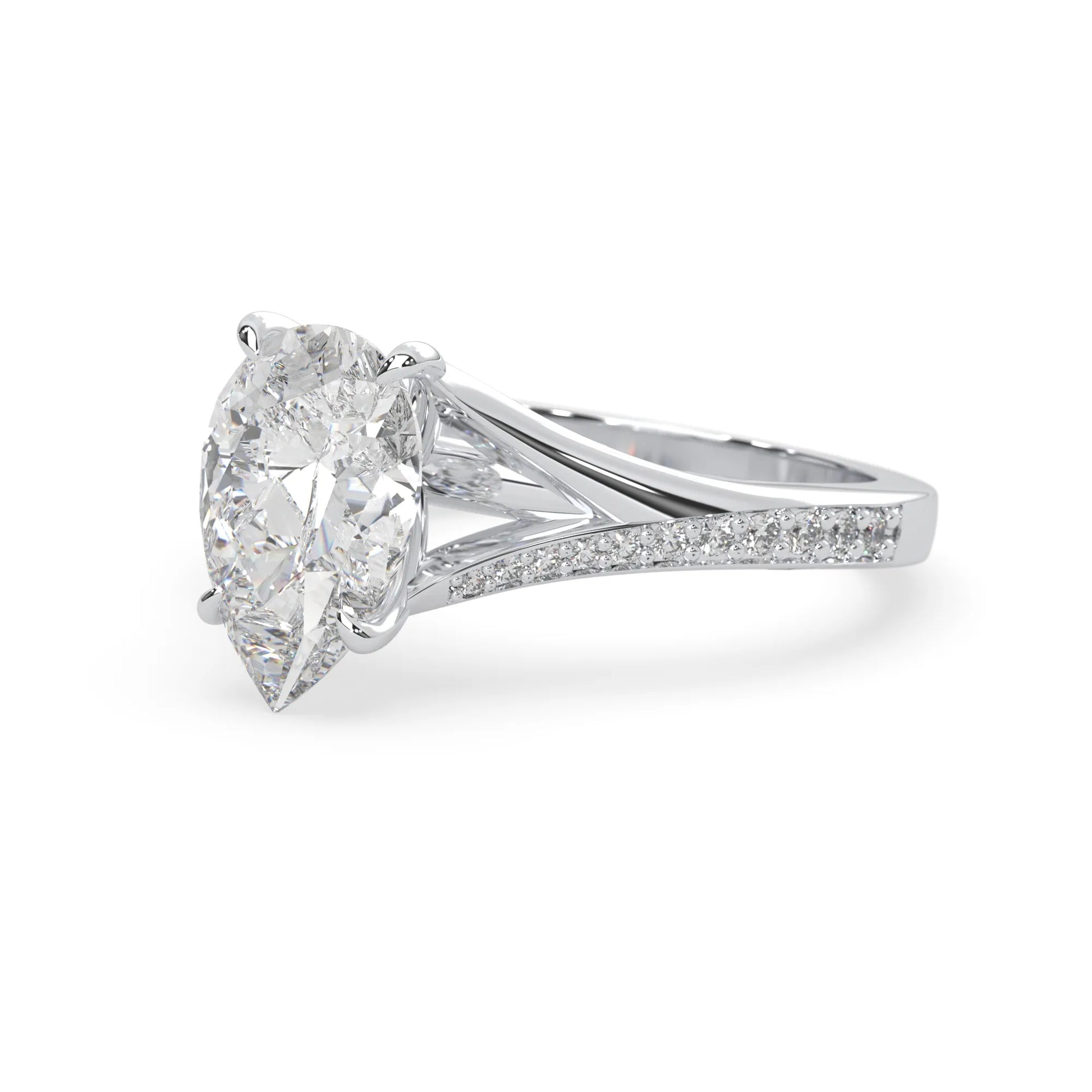 Pear cut lab grown diamond split shank engagement ring with diamond accented band in white gold