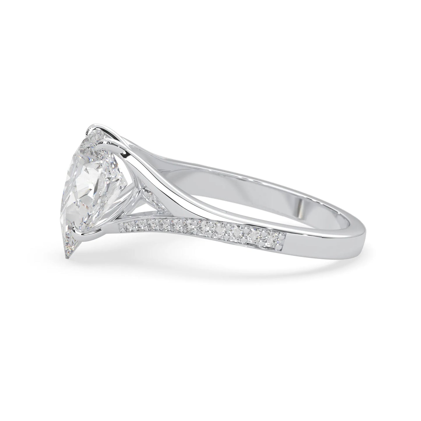 Pear cut lab grown diamond split shank engagement ring with diamond accented band in white gold