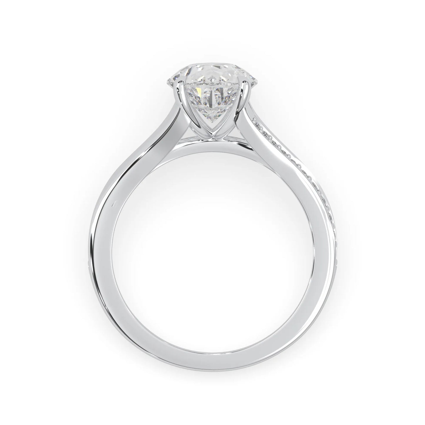 Pear cut lab grown diamond split shank engagement ring with diamond accented band in white gold