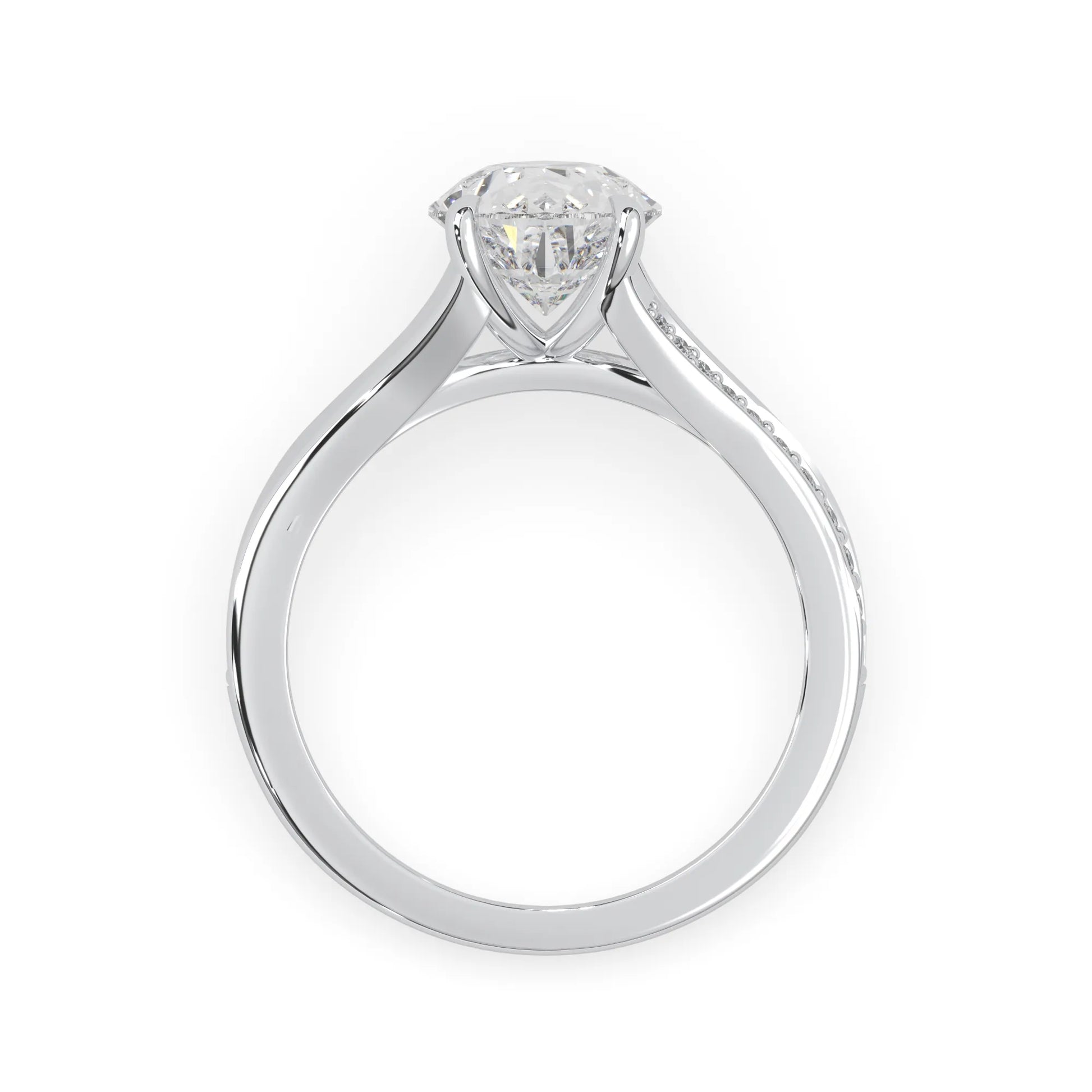 Pear cut lab grown diamond split shank engagement ring with diamond accented band in white gold