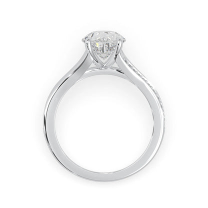 Pear cut lab grown diamond split shank engagement ring with diamond accented band in white gold