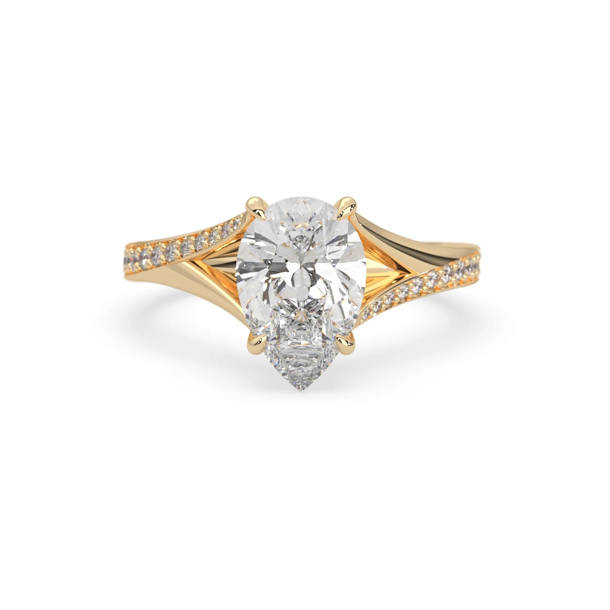 Pear cut lab grown diamond split shank engagement ring with diamond accented band in yellow gold