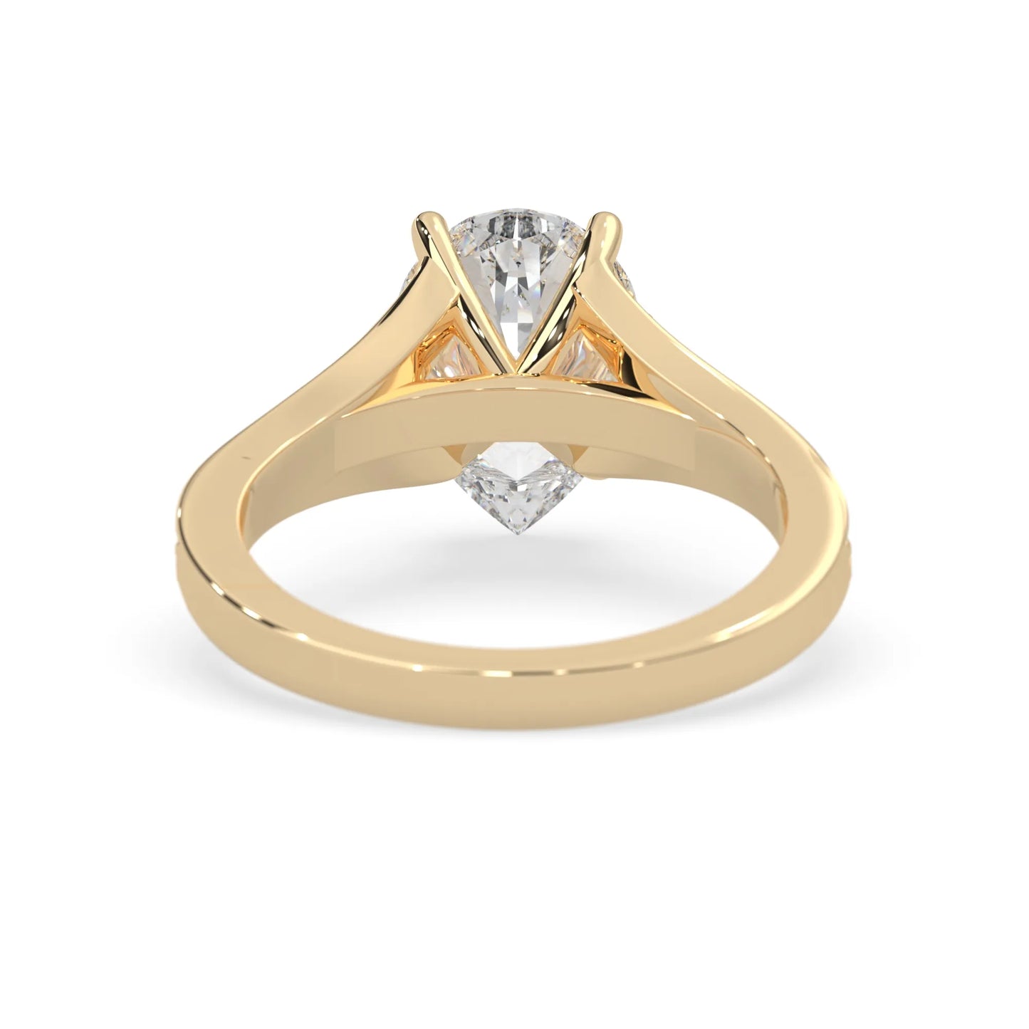 Pear cut lab grown diamond split shank engagement ring with diamond accented band in yellow gold