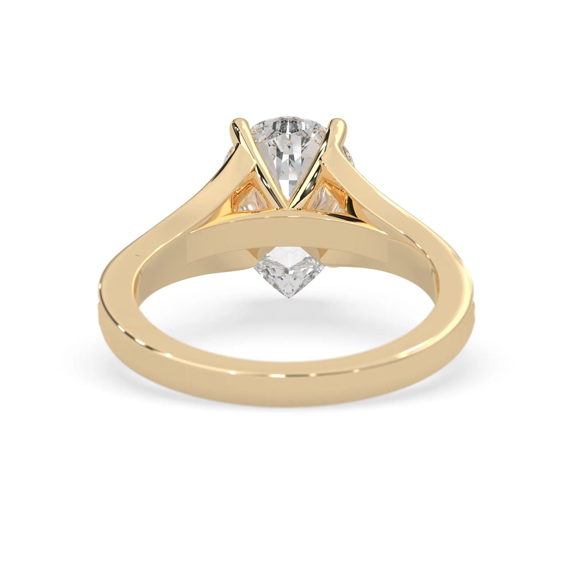 Pear cut lab grown diamond split shank engagement ring with diamond accented band in yellow gold