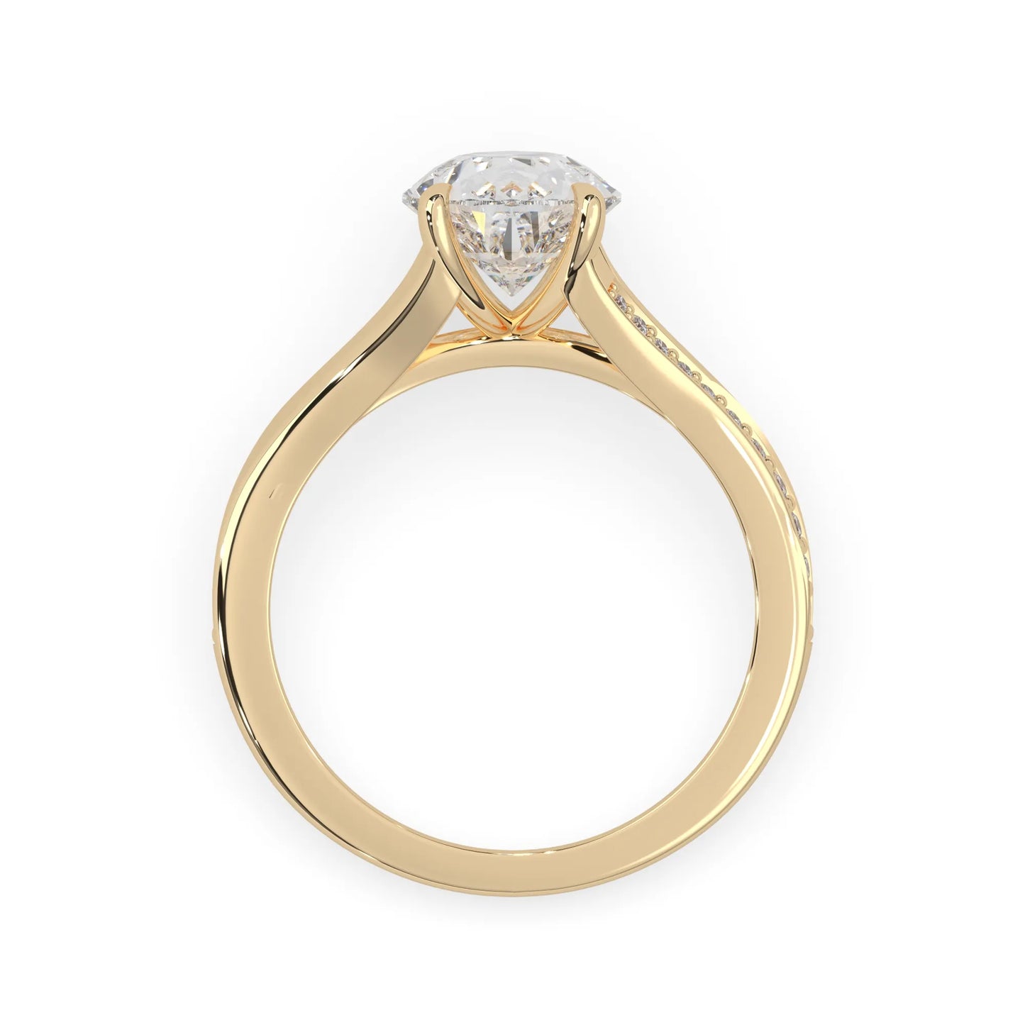 Pear cut lab grown diamond split shank engagement ring with diamond accented band in yellow gold