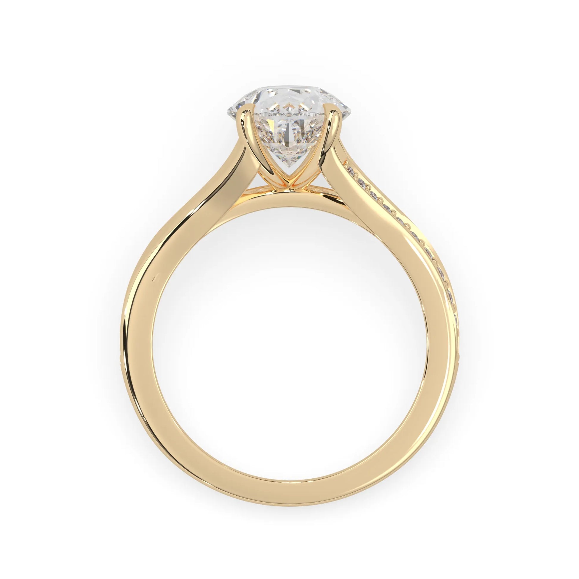 Pear cut lab grown diamond split shank engagement ring with diamond accented band in yellow gold