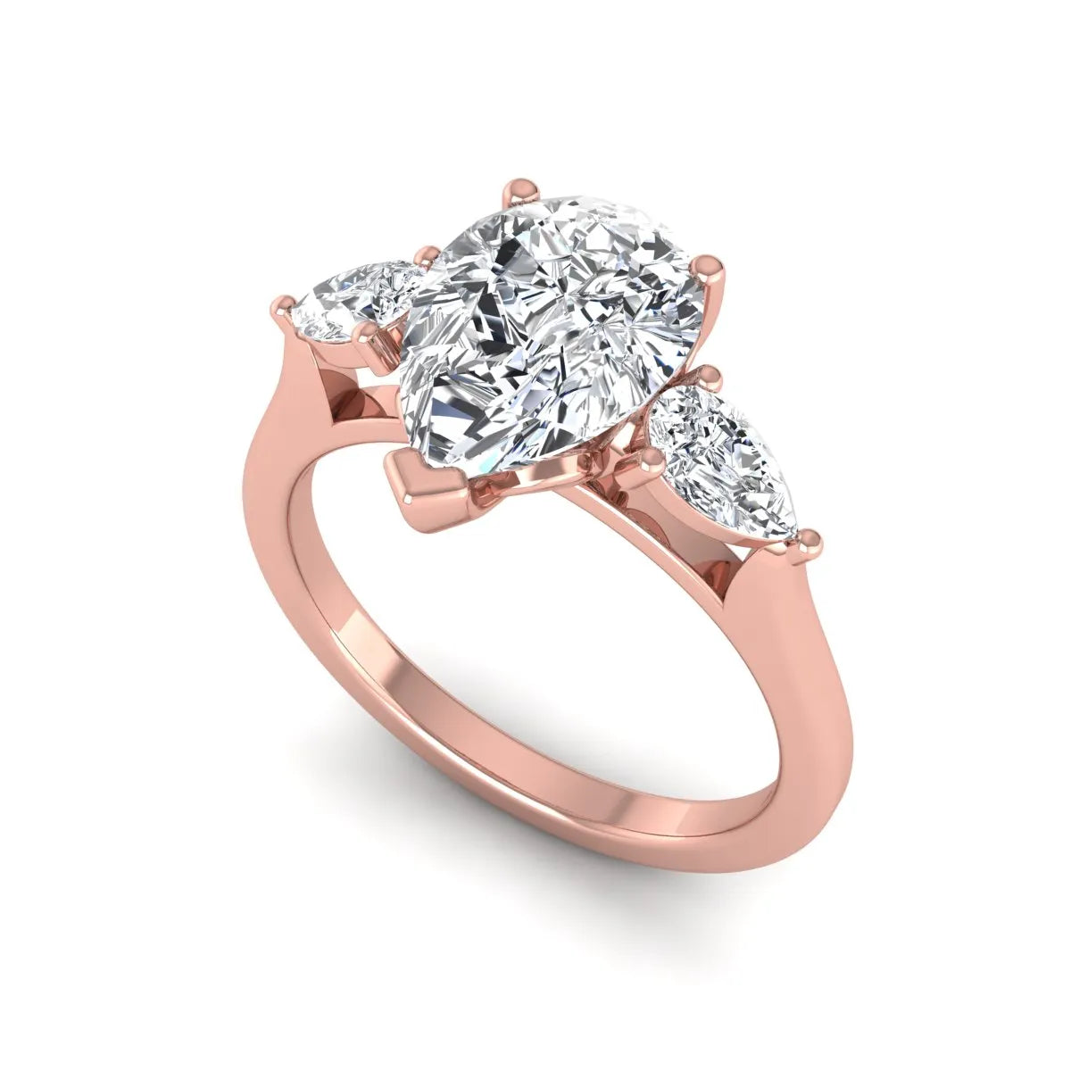 IGI certified pear cut lab grown diamond three stone engagement ring with pear side diamonds in rose gold.