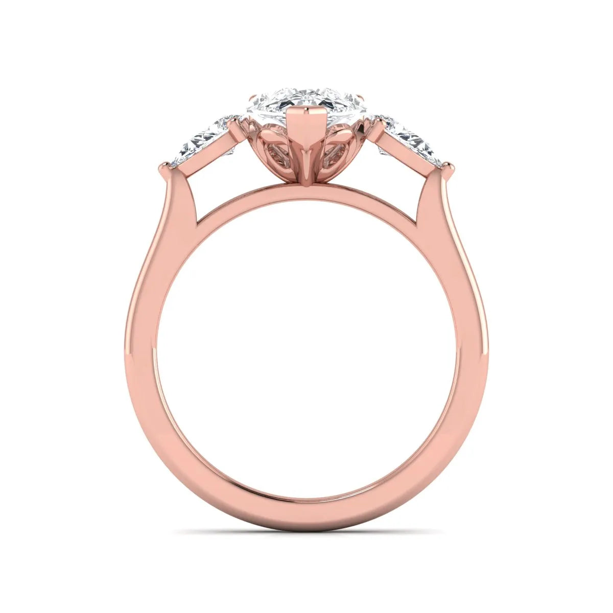 IGI certified pear cut lab grown diamond three stone engagement ring with pear side diamonds in rose gold.