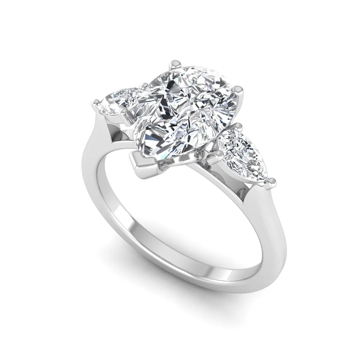 IGI certified pear cut lab grown diamond three stone engagement ring with pear side diamonds in white gold.
