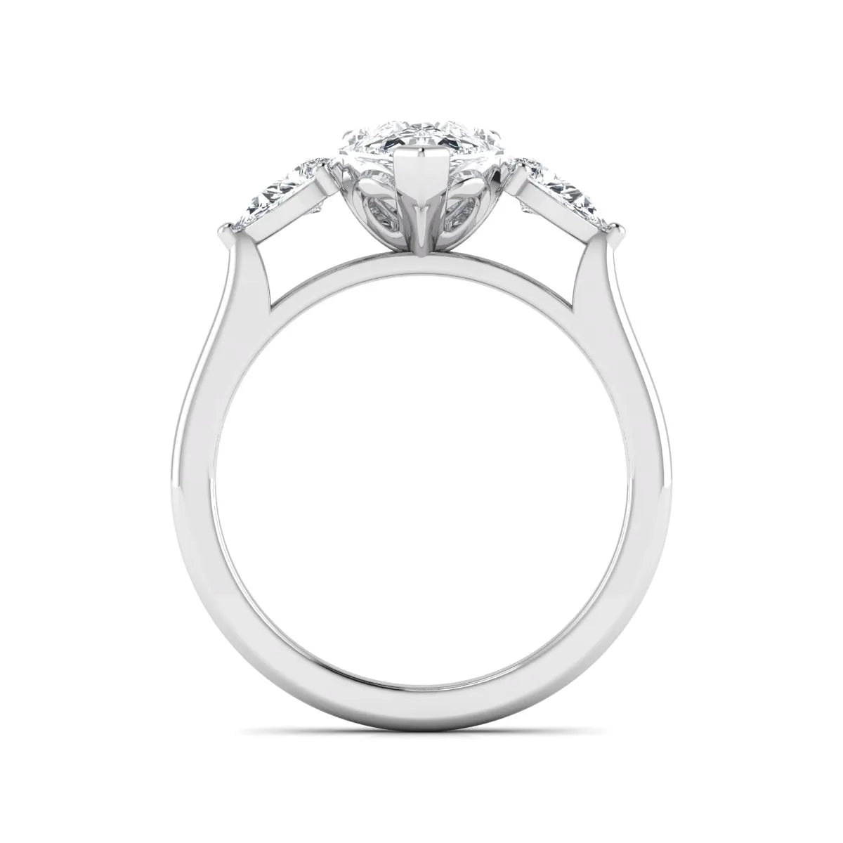 IGI certified pear cut lab grown diamond three stone engagement ring with pear side diamonds in white gold.