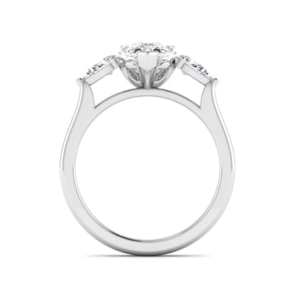 IGI certified pear cut lab grown diamond three stone engagement ring with pear side diamonds in white gold.