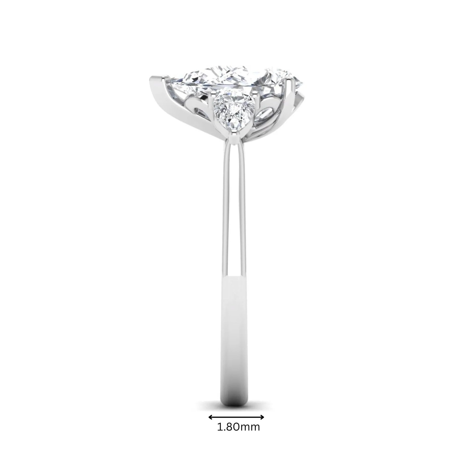 IGI certified pear cut lab grown diamond three stone engagement ring with pear side diamonds in white gold.