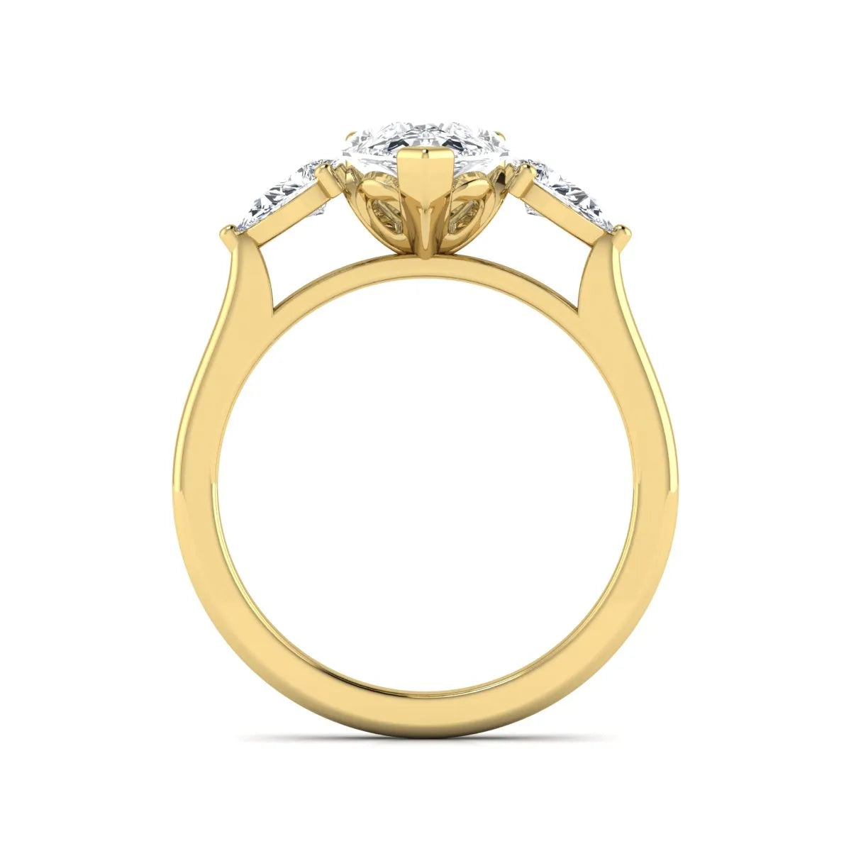 IGI certified pear cut lab grown diamond three stone engagement ring with pear side diamonds in yellow gold.