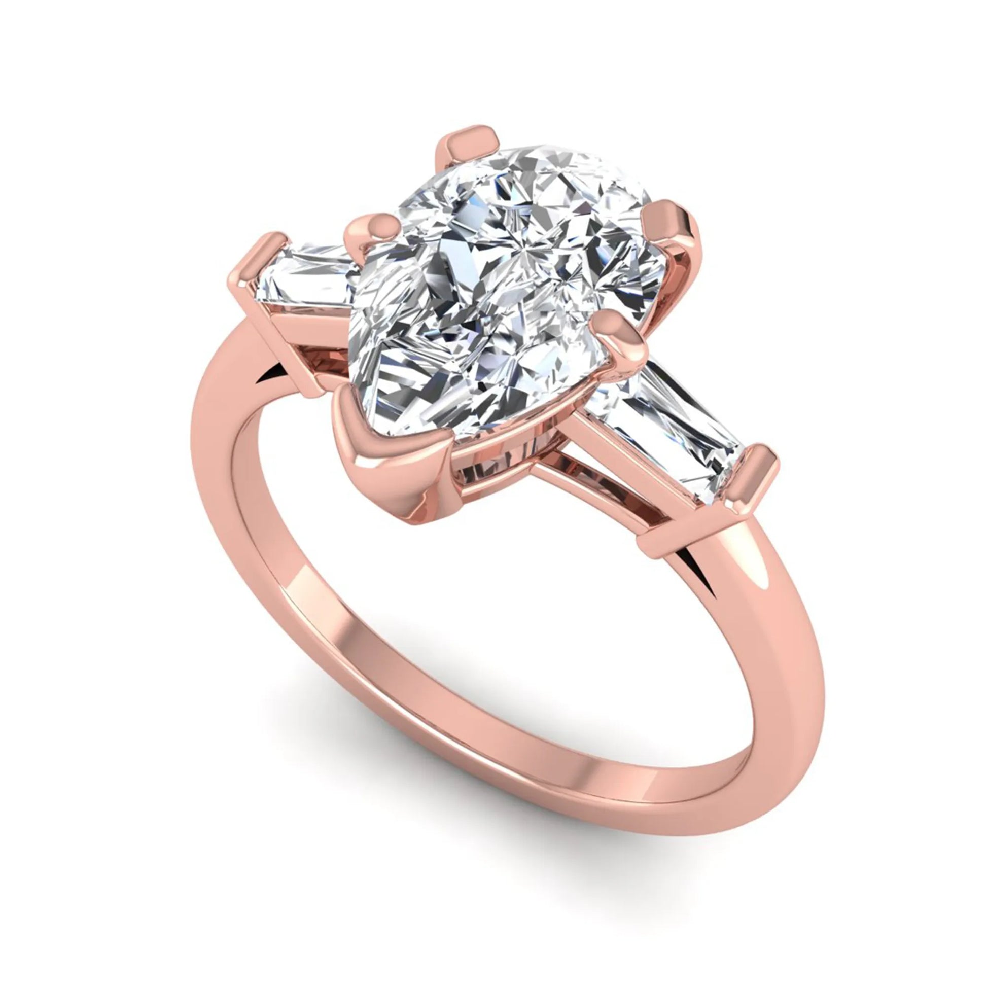 Pear cut lab grown diamond three stone engagement ring featuring a 2.31 carat IGI certified center diamond with tapered baguette side diamonds in rose gold.