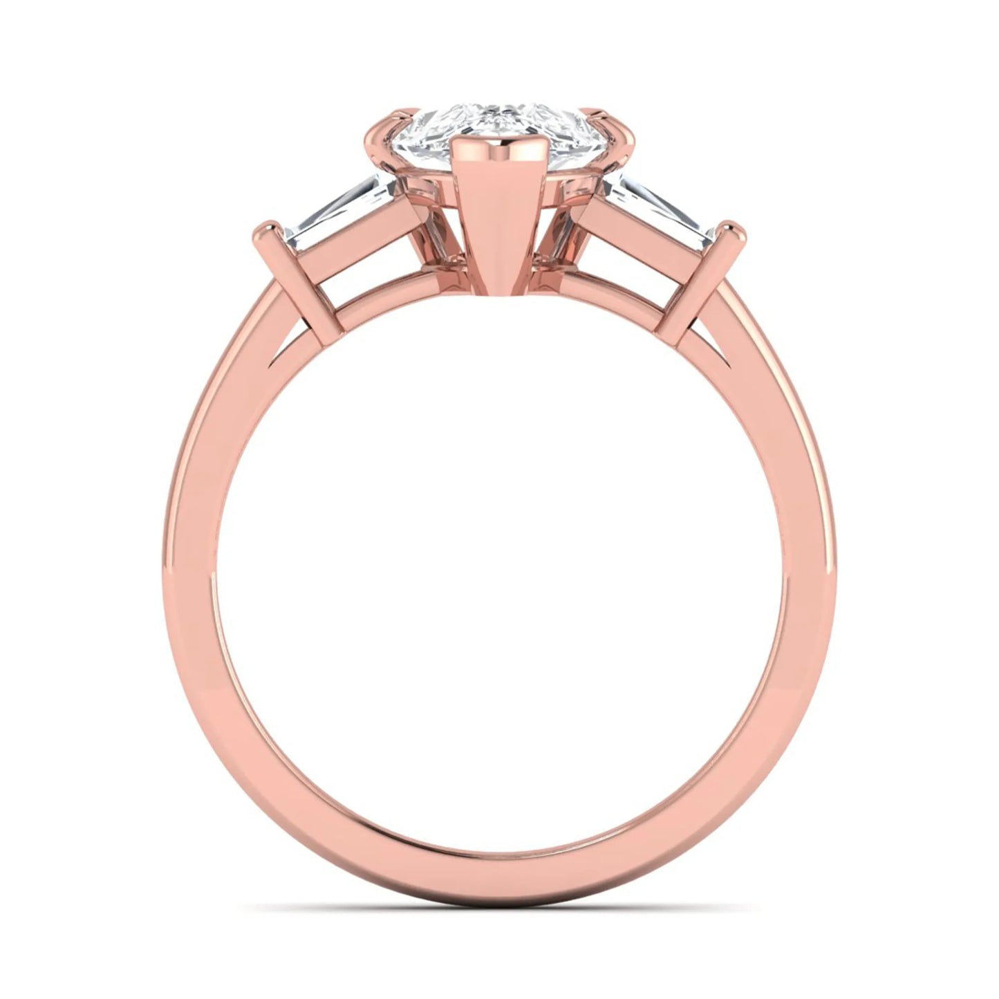 Pear cut lab grown diamond three stone engagement ring featuring a 2.31 carat IGI certified center diamond with tapered baguette side diamonds in rose gold.
