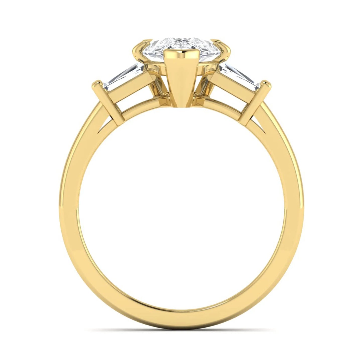 Pear cut lab grown diamond three stone engagement ring featuring a 2.31 carat IGI certified center diamond with tapered baguette side diamonds in yellow gold.