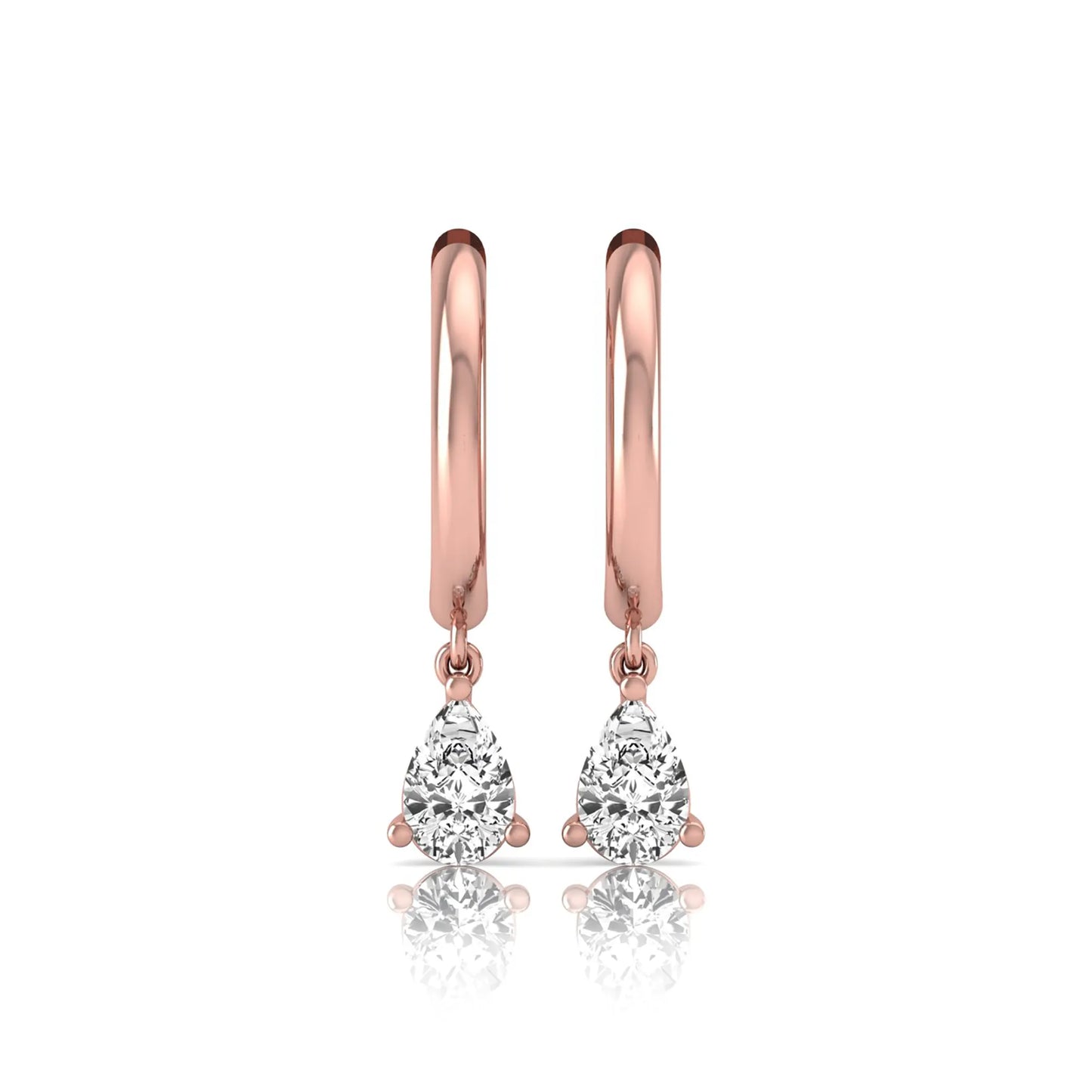 Pear cut lab grown diamond drop huggie hoop earrings featuring a three prong setting, hinged snap closure, and polished rose gold tone finish.
