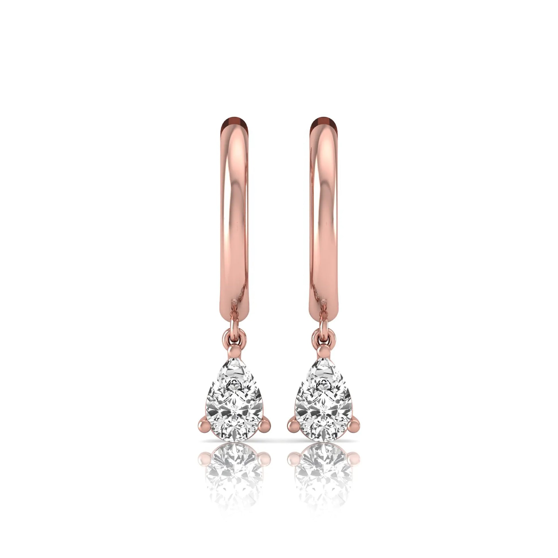 Pear cut lab grown diamond drop huggie hoop earrings featuring a three prong setting, hinged snap closure, and polished rose gold tone finish.