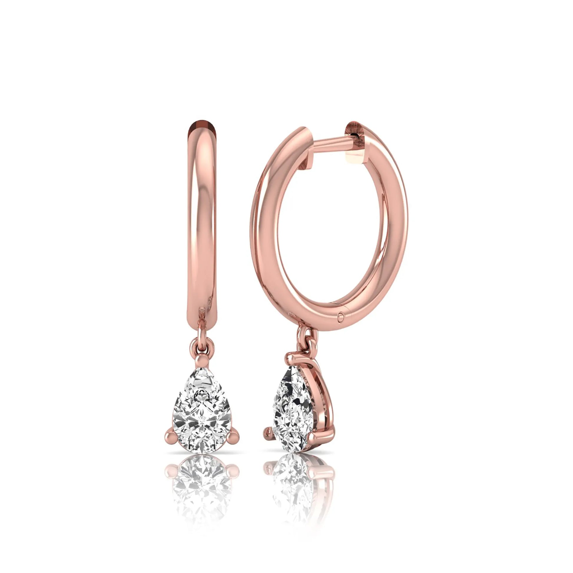 Pear cut lab grown diamond drop huggie hoop earrings featuring a three prong setting, hinged snap closure, and polished rose gold tone finish.