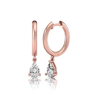 Pear cut lab grown diamond drop huggie hoop earrings featuring a three prong setting, hinged snap closure, and polished rose gold tone finish.