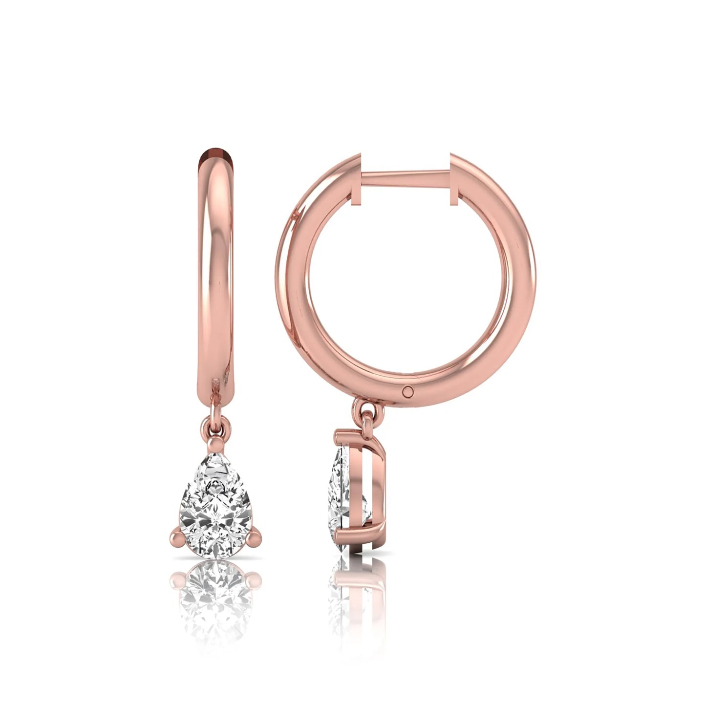 Pear cut lab grown diamond drop huggie hoop earrings featuring a three prong setting, hinged snap closure, and polished rose gold tone finish.