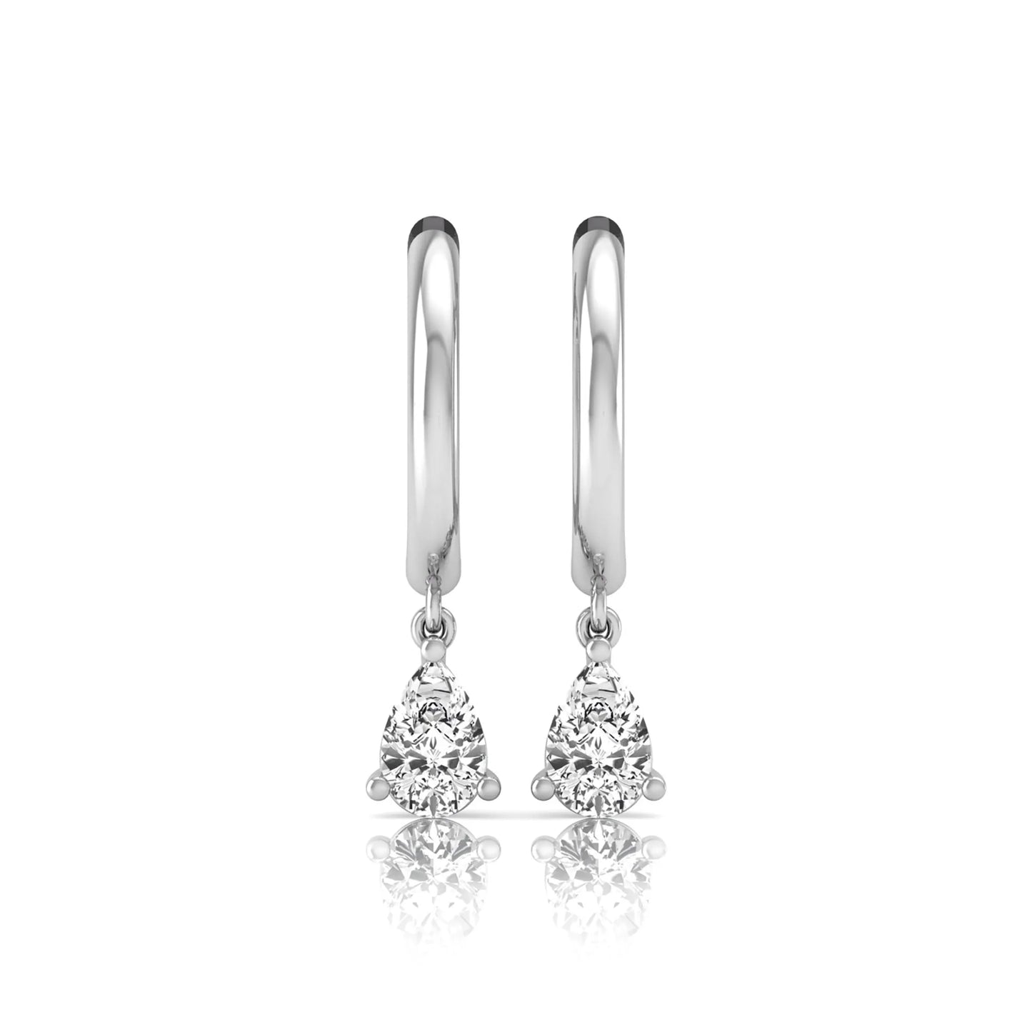 Pear cut lab grown diamond drop huggie hoop earrings featuring a three prong setting, hinged snap closure, and polished white gold tone finish.