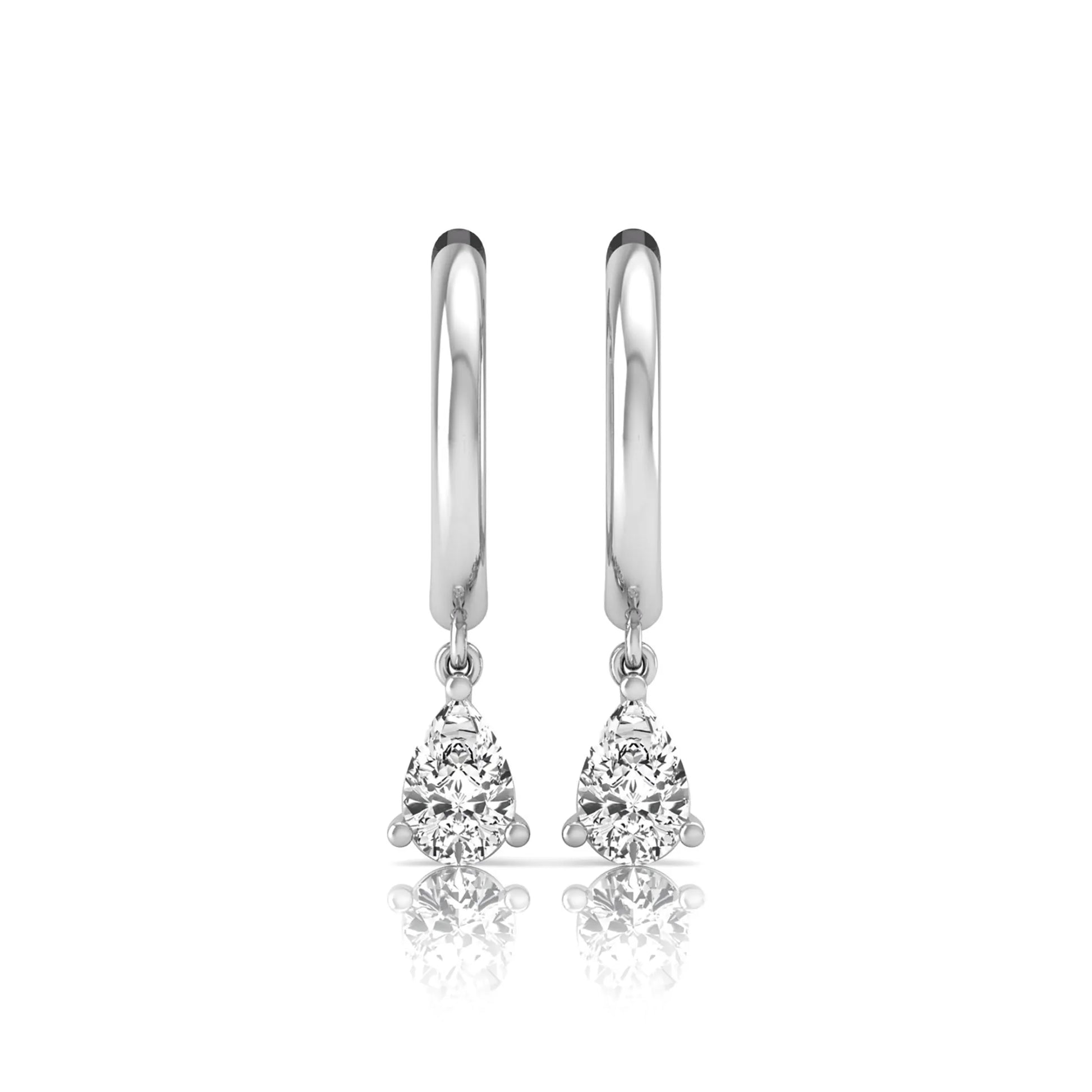 Pear cut lab grown diamond drop huggie hoop earrings featuring a three prong setting, hinged snap closure, and polished white gold tone finish.