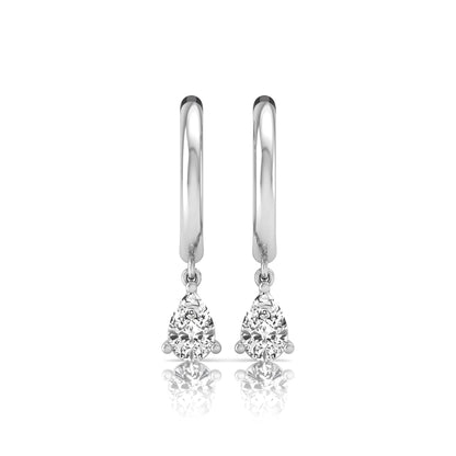 Pear cut lab grown diamond drop huggie hoop earrings featuring a three prong setting, hinged snap closure, and polished white gold tone finish.