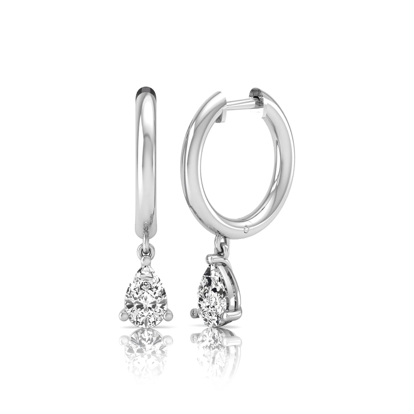 Pear cut lab grown diamond drop huggie hoop earrings featuring a three prong setting, hinged snap closure, and polished white gold tone finish.