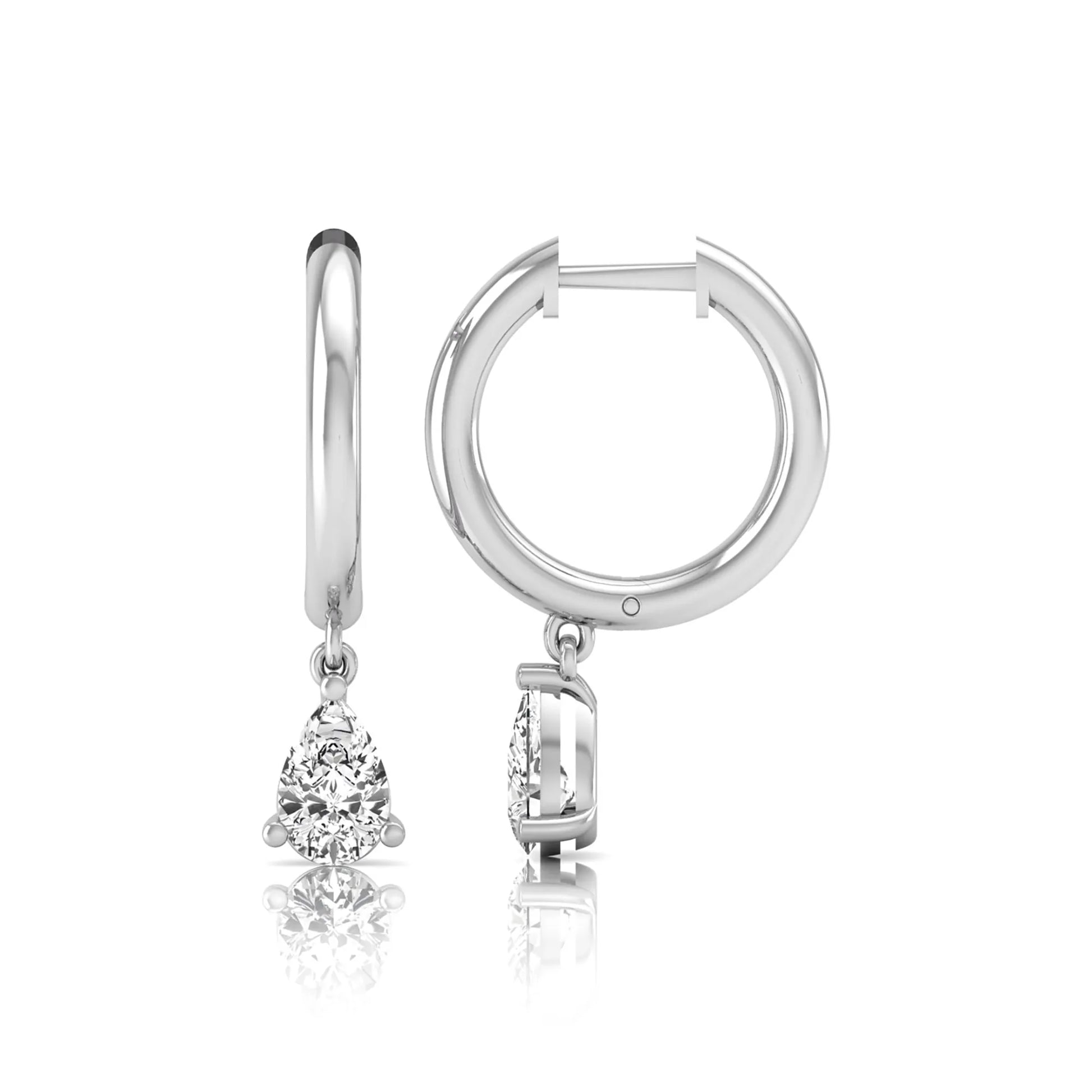 Pear cut lab grown diamond drop huggie hoop earrings featuring a three prong setting, hinged snap closure, and polished white gold tone finish.