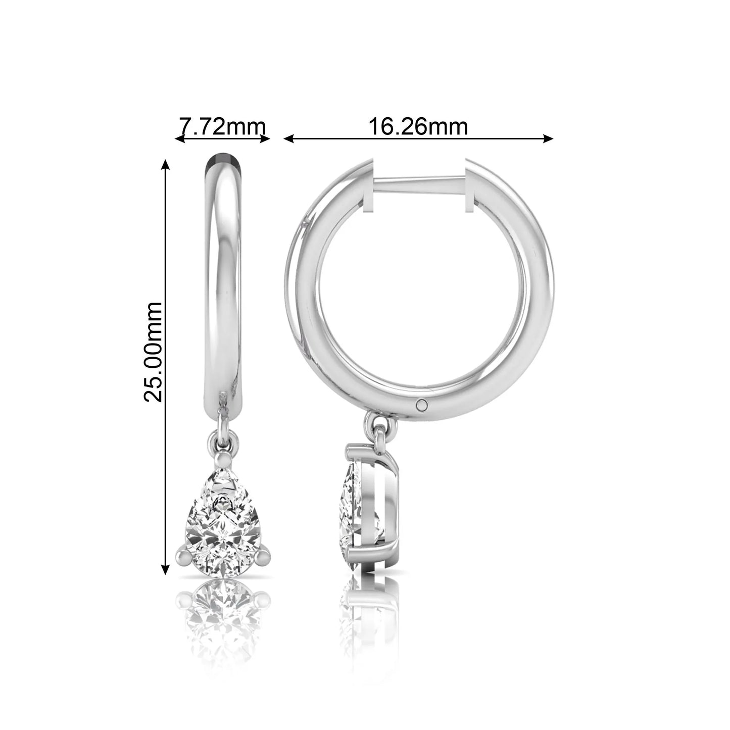 Pear cut lab grown diamond drop huggie hoop earrings featuring a three prong setting, hinged snap closure, and polished white gold tone finish.