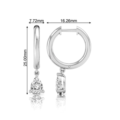 Pear cut lab grown diamond drop huggie hoop earrings featuring a three prong setting, hinged snap closure, and polished white gold tone finish.