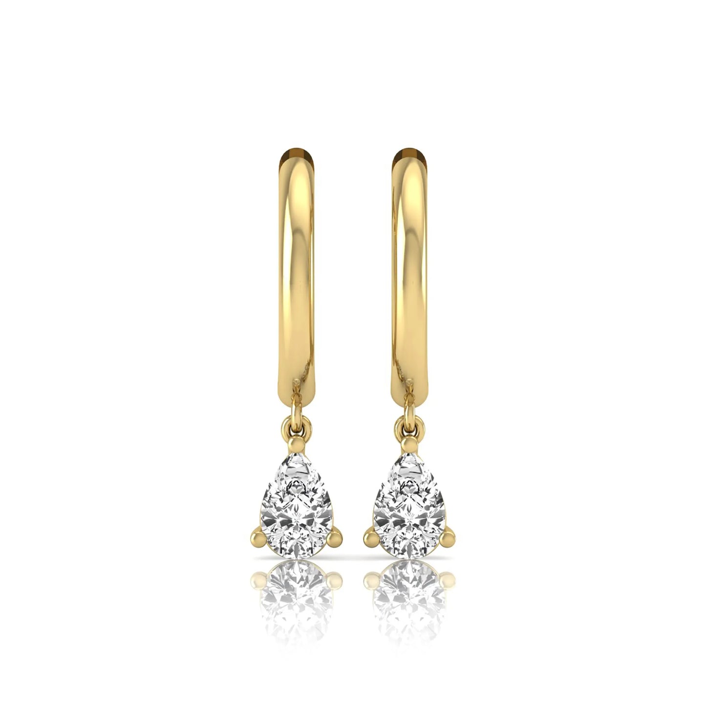 Pear cut lab grown diamond drop huggie hoop earrings featuring a three prong setting, hinged snap closure, and polished yellow gold tone finish.