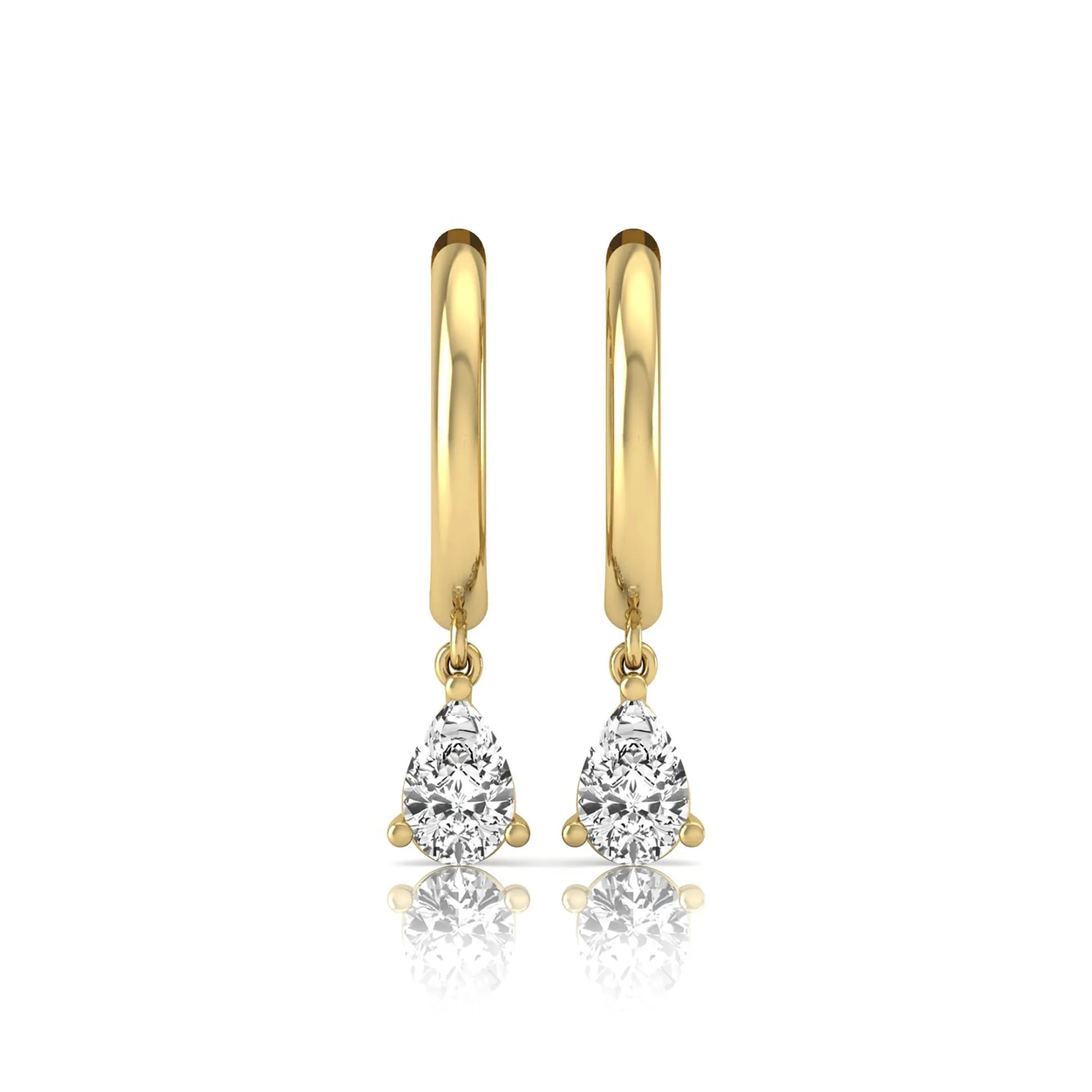 Pear cut lab grown diamond drop huggie hoop earrings featuring a three prong setting, hinged snap closure, and polished yellow gold tone finish.