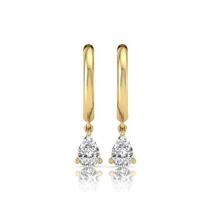 Pear cut lab grown diamond drop huggie hoop earrings featuring a three prong setting, hinged snap closure, and polished yellow gold tone finish.
