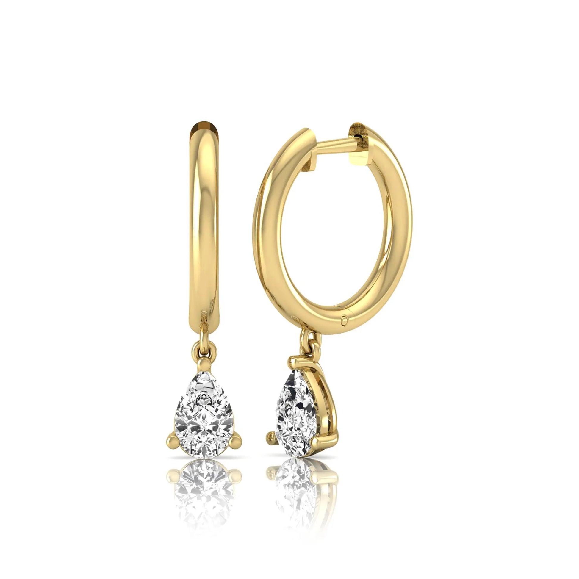 Pear cut lab grown diamond drop huggie hoop earrings featuring a three prong setting, hinged snap closure, and polished yellow gold tone finish.