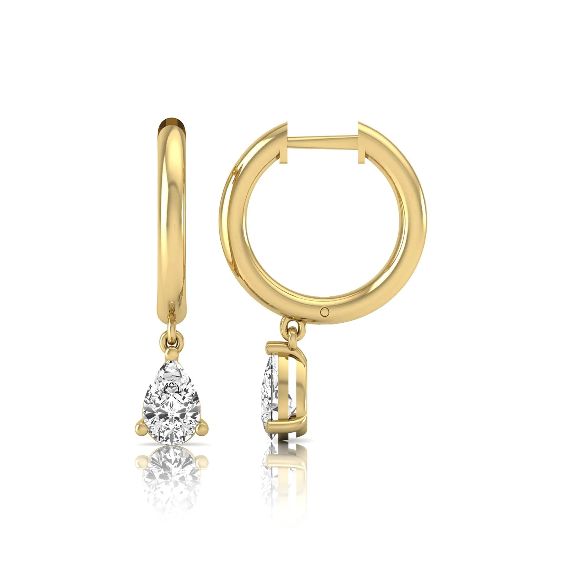 Pear cut lab grown diamond drop huggie hoop earrings featuring a three prong setting, hinged snap closure, and polished yellow gold tone finish.