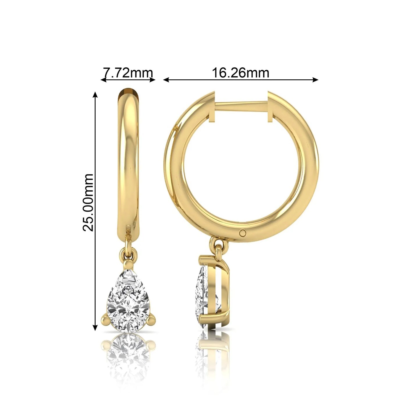 Pear cut lab grown diamond drop huggie hoop earrings featuring a three prong setting, hinged snap closure, and polished yellow gold tone finish.