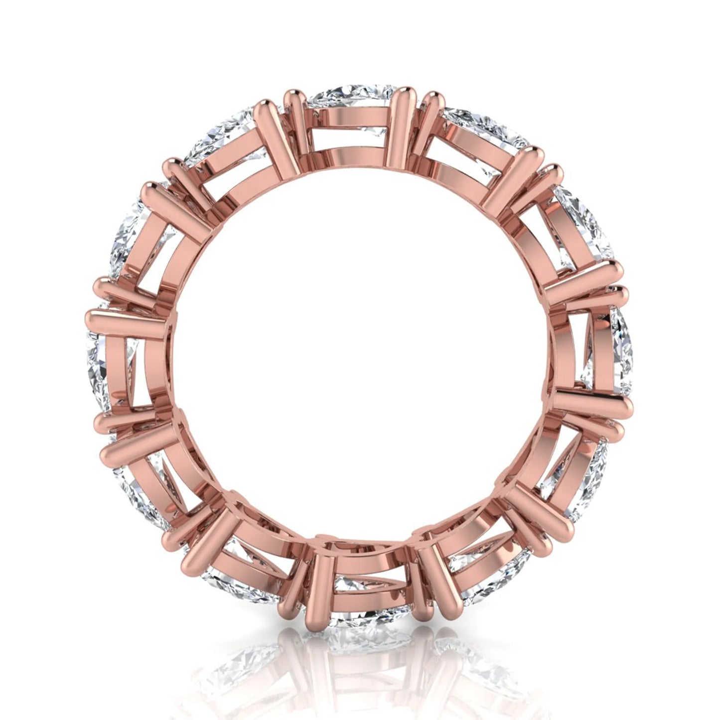Pear cut lab grown diamond eternity band featuring 4.68 carats of pear-shaped diamonds in a shared-prong eternity setting with a polished rose gold finish.
