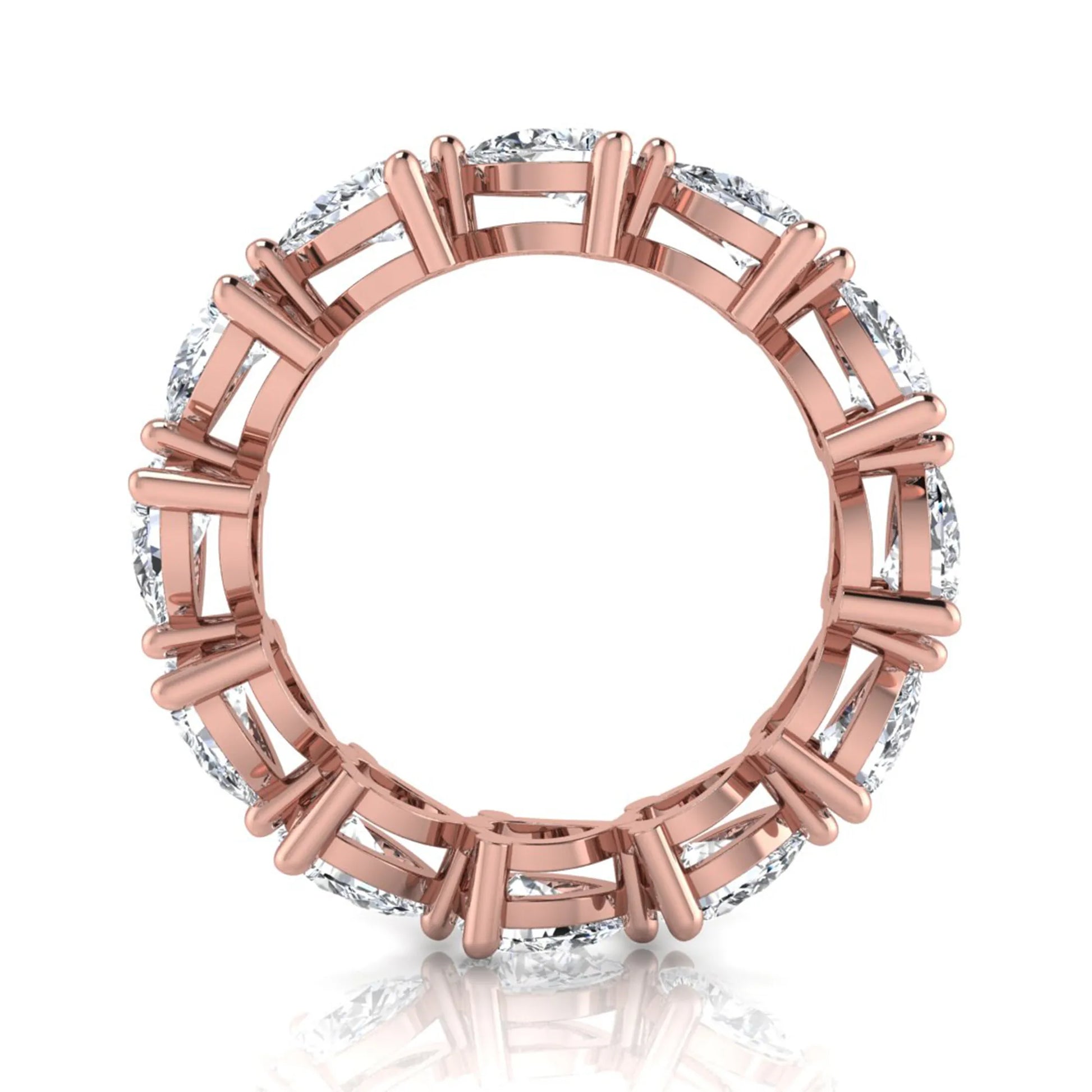 Pear cut lab grown diamond eternity band featuring 4.68 carats of pear-shaped diamonds in a shared-prong eternity setting with a polished rose gold finish.