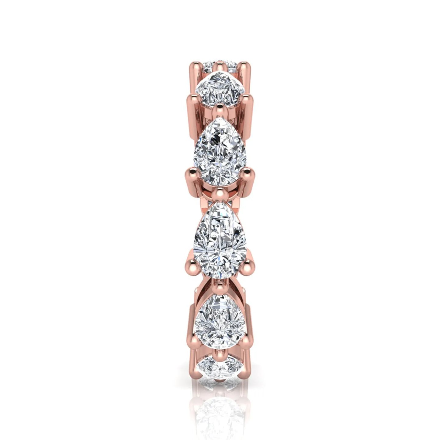 Pear cut lab grown diamond eternity band featuring 4.68 carats of pear-shaped diamonds in a shared-prong eternity setting with a polished rose gold finish.