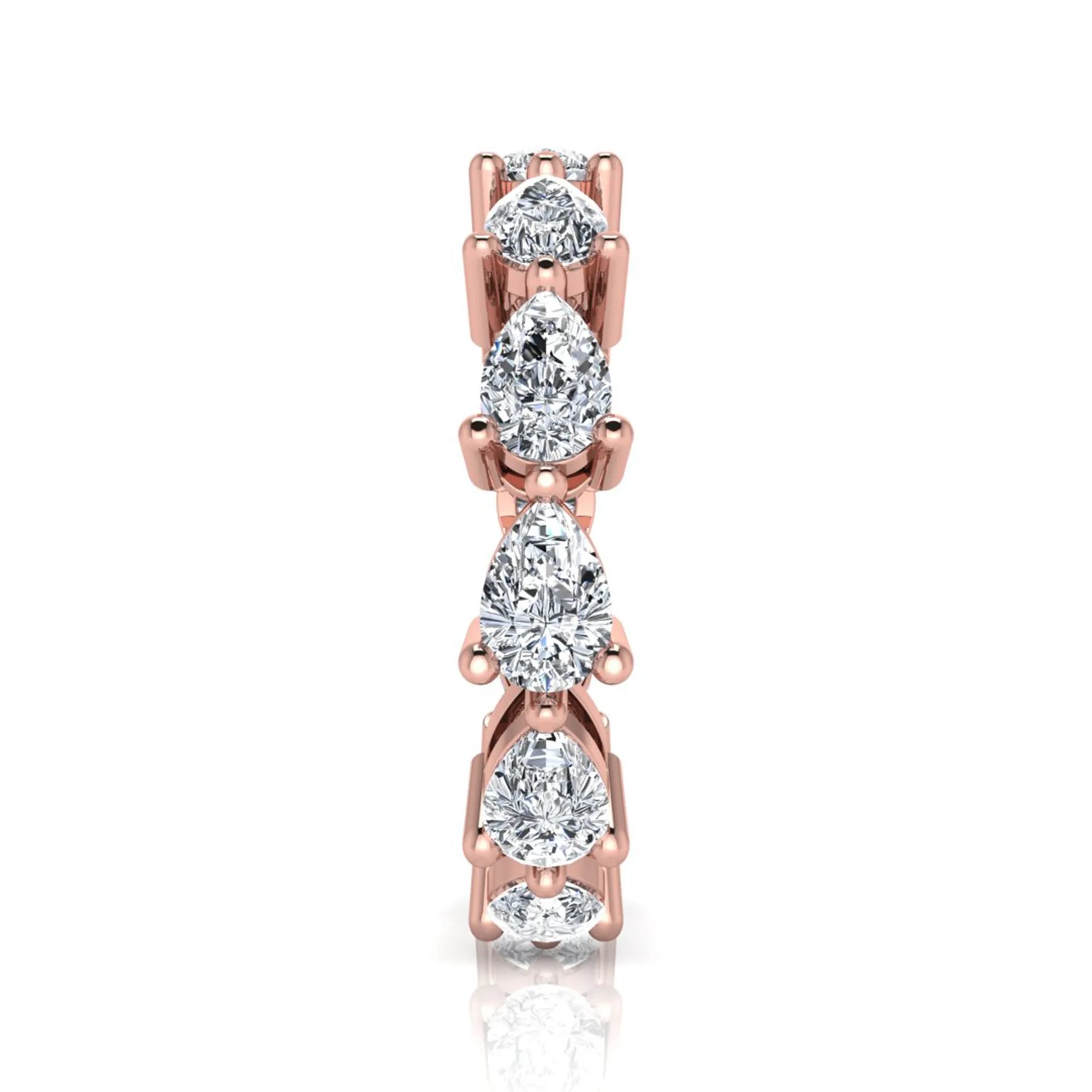 Pear cut lab grown diamond eternity band featuring 4.68 carats of pear-shaped diamonds in a shared-prong eternity setting with a polished rose gold finish.