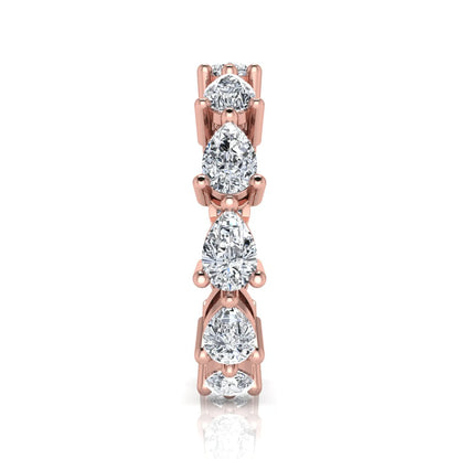 Pear cut lab grown diamond eternity band featuring 4.68 carats of pear-shaped diamonds in a shared-prong eternity setting with a polished rose gold finish.