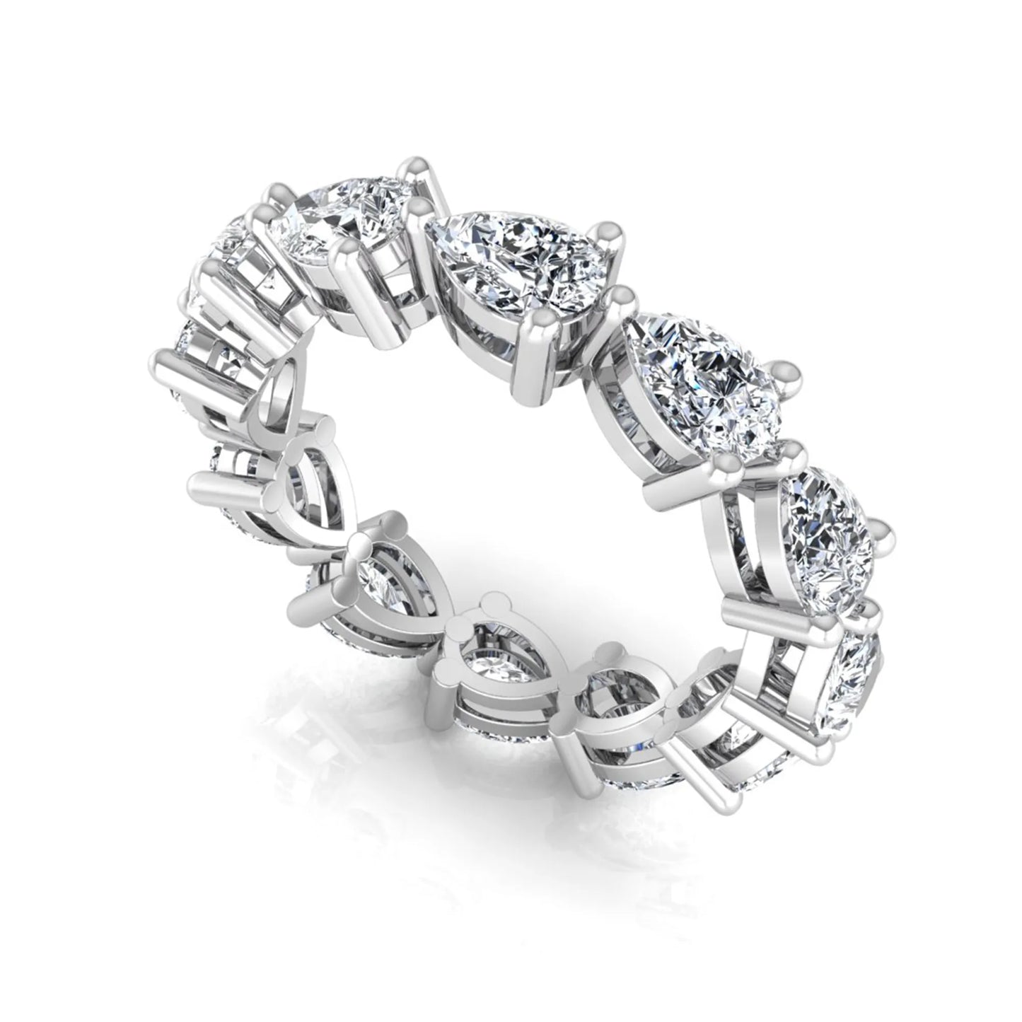 Pear cut lab grown diamond eternity band featuring 4.68 carats of pear-shaped diamonds in a shared-prong eternity setting with a polished white gold finish.